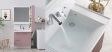 ◆同仕様のモデル写真◆使いたい位置にくるりと回せる「くるくる水栓」！底が広く大容量で水汲みもしやすい「ひろびろボウル」！！身支度にも家事にも使い勝手の良い洗面化粧台♪